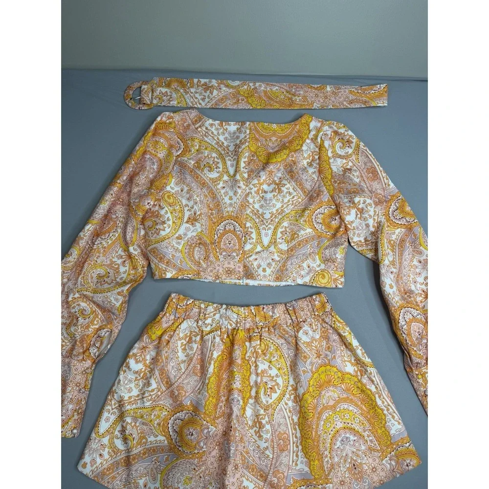 Mulla Linen Paisley Crop Top and Shorts Set L Orange White W/Belt Lined Party